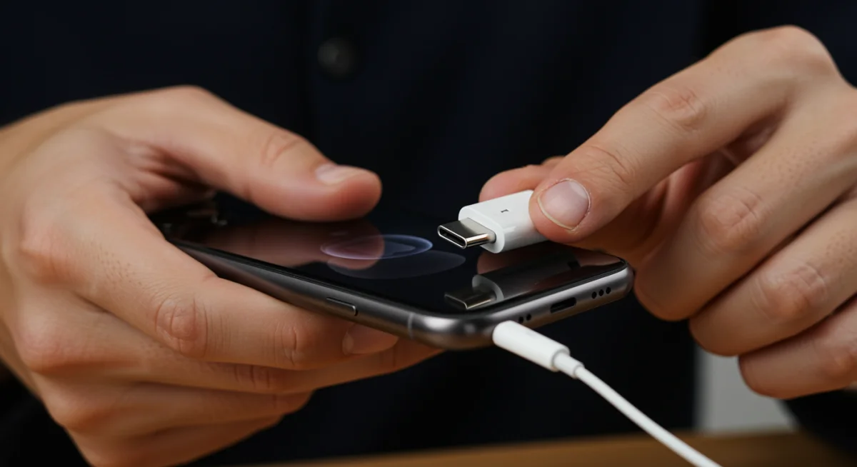 Usuário conectando fones de ouvido com fio a um iPhone 15 usando um adaptador USB-C para áudio de 3.5mm.
