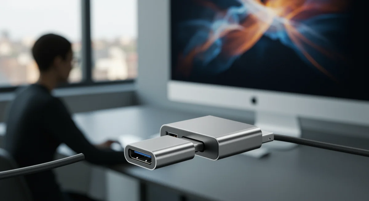 Adaptador USB-C para HDMI conectando um iPhone a um monitor, ideal para apresentações e entretenimento.