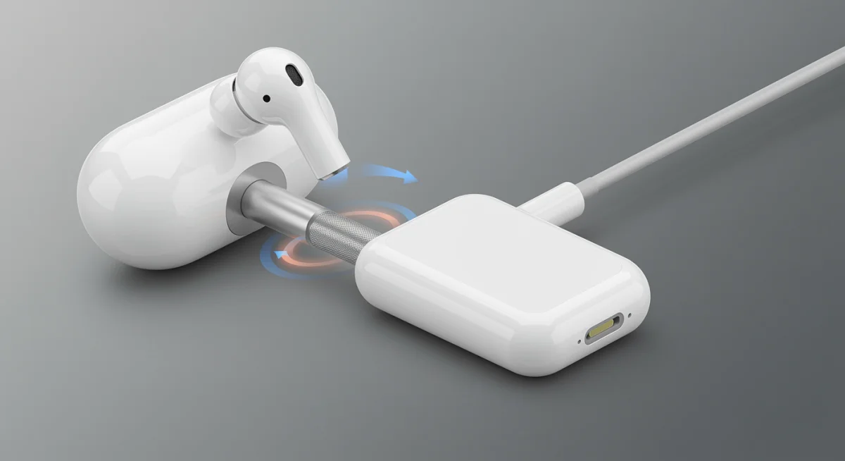 Detalhe do estojo dos AirPods Pro 3 sendo carregado via MagSafe, mostrando a facilidade e a conexão magnética.
