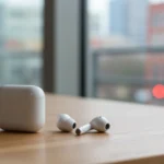 AirPods Pro 3ª Geração em estojo de carregamento, com um fone à mostra, sobre mesa de madeira em ambiente urbano iluminado.