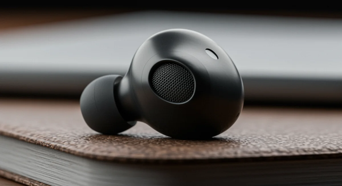 Fone AirPods Pro 3ª Geração em close-up, destacando a ponteira de silicone e a malha acústica, sobre uma superfície texturizada.
