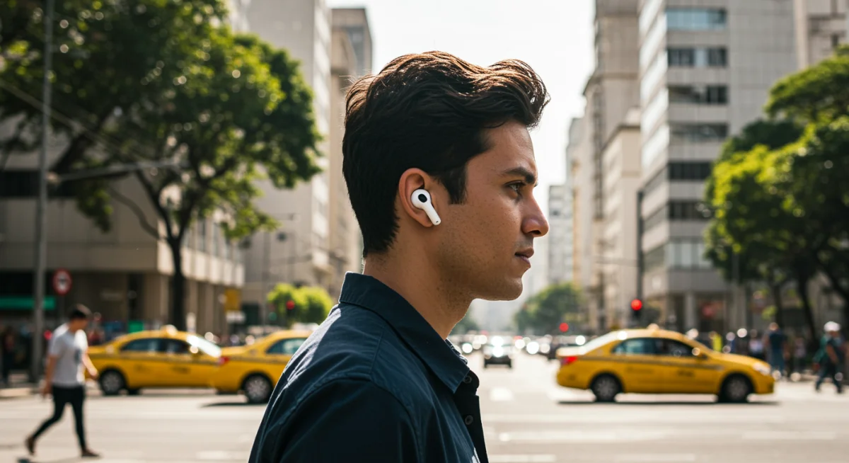 Pessoa utilizando AirPods Pro 3ª Geração em rua movimentada de São Paulo, com taxis e prédios ao fundo.