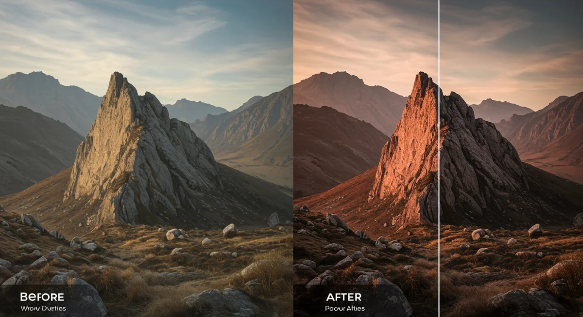 Comparativo lado a lado de uma foto 'antes' e 'depois' da edição, demonstrando o impacto e a transformação de um aplicativo de fotografia profissional.