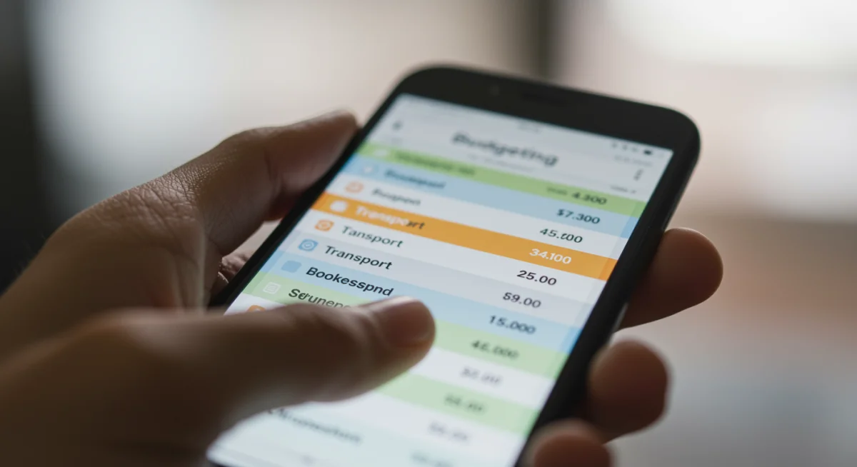 Tela de smartphone exibindo um aplicativo de orçamento com categorias de gastos e valores, ilustrando o controle financeiro detalhado.