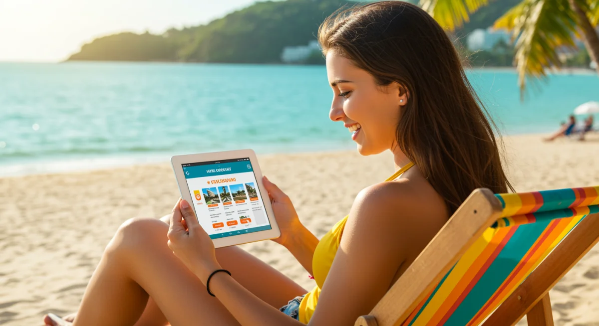 Pessoa utilizando um tablet para reservar hospedagem em um aplicativo, com uma paisagem de praia brasileira ao fundo, representando a facilidade de encontrar acomodações.