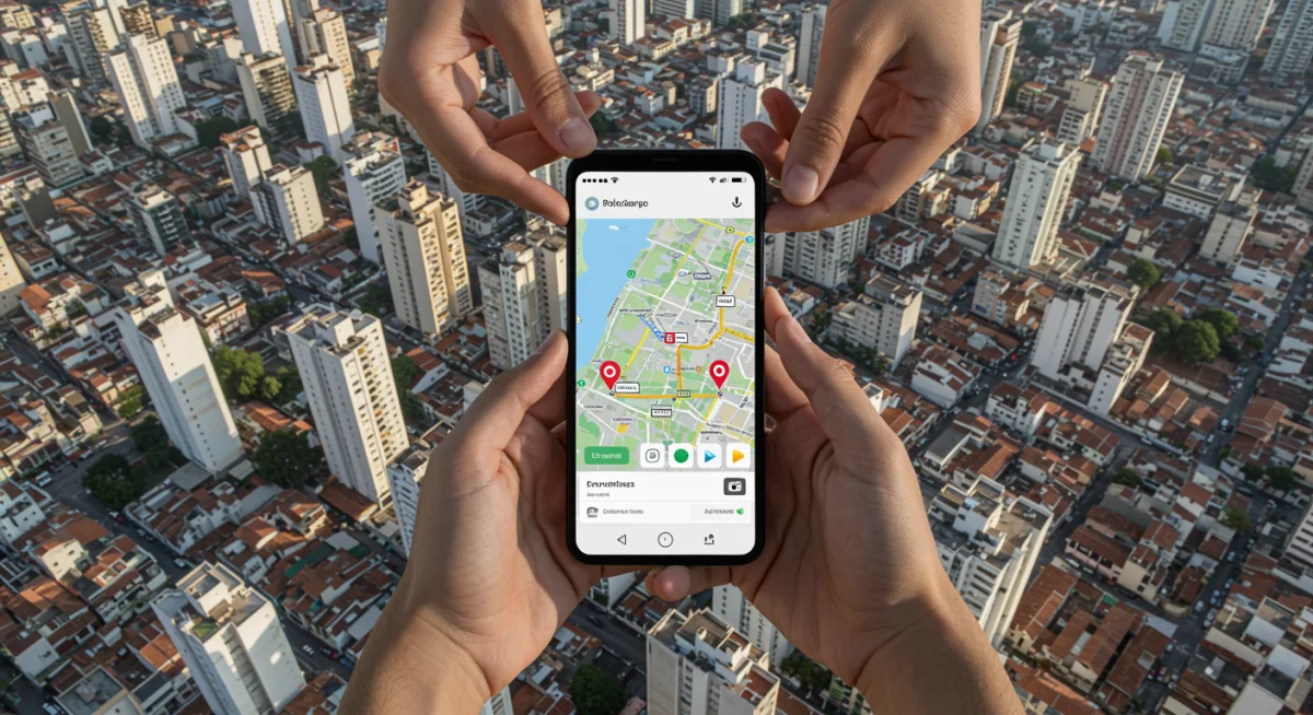 Tela de smartphone exibindo um aplicativo de transporte em uma cidade brasileira, com mãos segurando o aparelho, ilustrando a praticidade da mobilidade urbana.