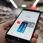 Interface do Apple Pay em um iPhone sendo usada em um terminal de pagamento, com detalhes de cartão de crédito e cashback.