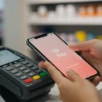 Pessoa realizando pagamento com Apple Pay em uma maquininha no Brasil, com iPhone em destaque.