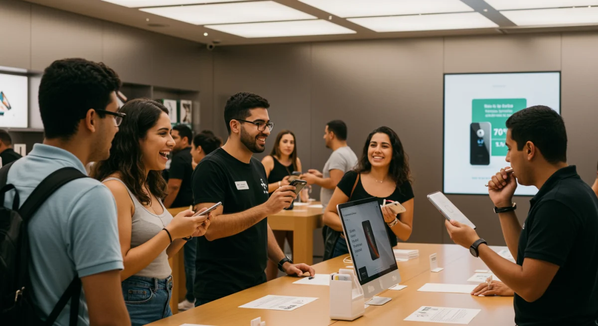Clientes em uma Apple Store no Brasil participando do programa de reciclagem e recebendo descontos em novos iPhones.