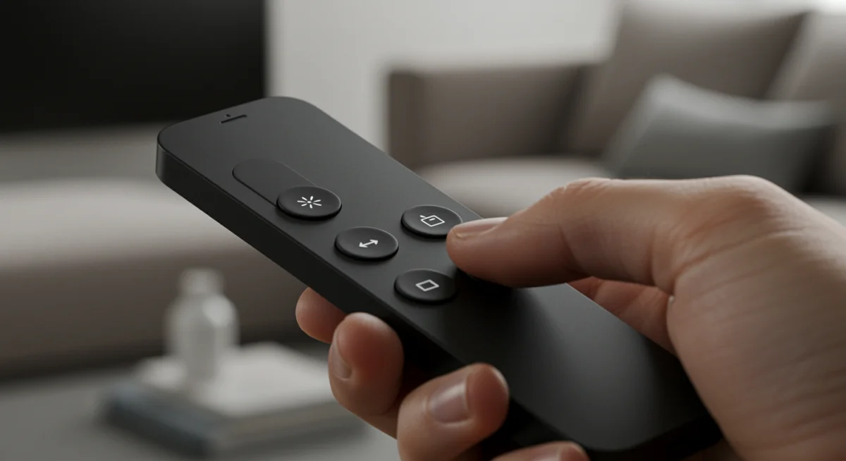 Controle remoto da Apple TV 2025 com design ergonômico e botões de feedback tátil sendo utilizado.
