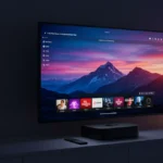 Dispositivo Apple TV 2025 em uma sala moderna, exibindo interface de streaming colorida em uma TV de alta definição.