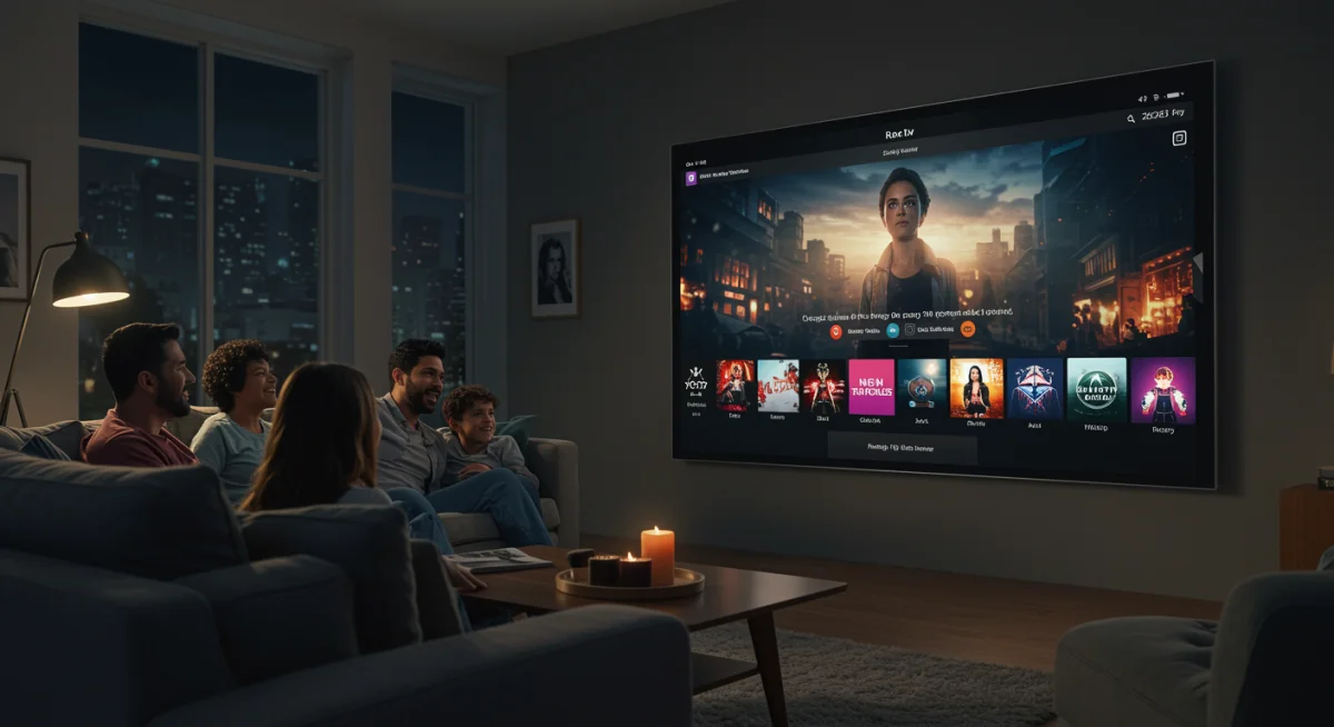 Família assistindo a um filme com a Apple TV 2025, desfrutando de uma experiência imersiva de entretenimento doméstico.