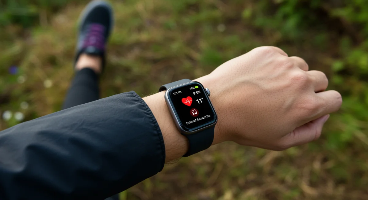 Pessoa praticando esporte com Apple Watch Series 11, mostrando dados de saúde e bateria de longa duração.