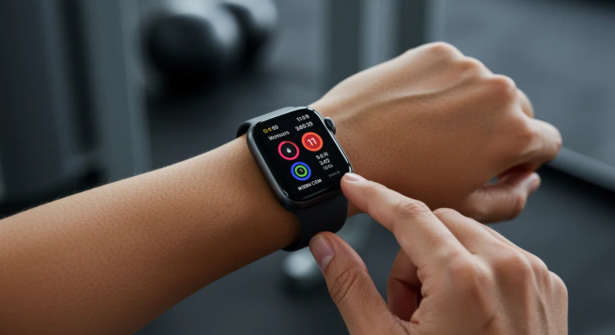 Usuário monitorando treino com Apple Watch Series 11 em academia, exibindo métricas de fitness.