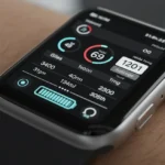 Apple Watch Series 11 no pulso, mostrando monitoramento de glicose e bateria, com um design futurista.