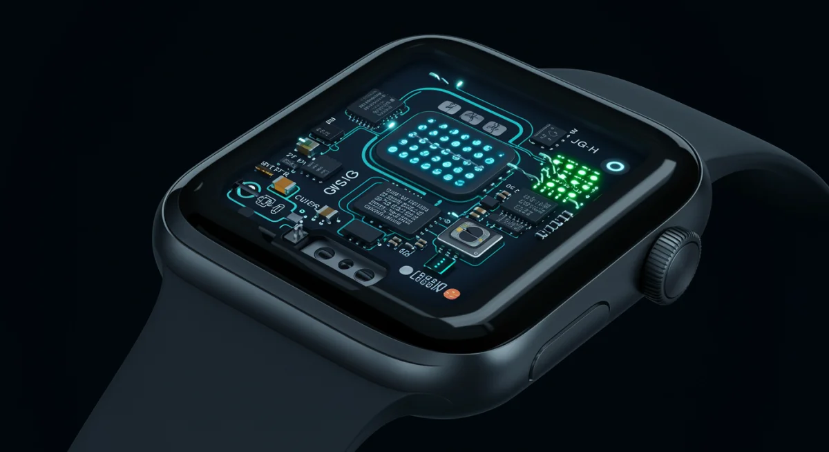 Componentes internos do Apple Watch Series 11, detalhando sensores inovadores para saúde.