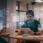 Estudantes utilizando aplicativos de produtividade em dispositivos móveis e laptops com interfaces futuristas, em um ambiente de estudo moderno.