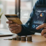 Pessoa utilizando um aplicativo de finanças no smartphone, com gráficos e números, simbolizando organização financeira e economia.