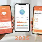 Smartphone exibindo três aplicativos de saúde e bem-estar em 2025, com gráficos de batimentos cardíacos, sono e nutrição.
