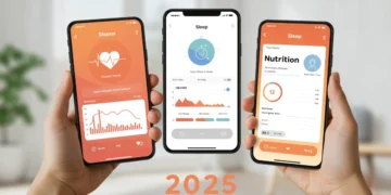Smartphone exibindo três aplicativos de saúde e bem-estar em 2025, com gráficos de batimentos cardíacos, sono e nutrição.