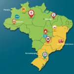 Mapa digital do Brasil com ícones de aplicativos de viagem, simbolizando o planejamento e a facilidade de explorar o país em 2025.