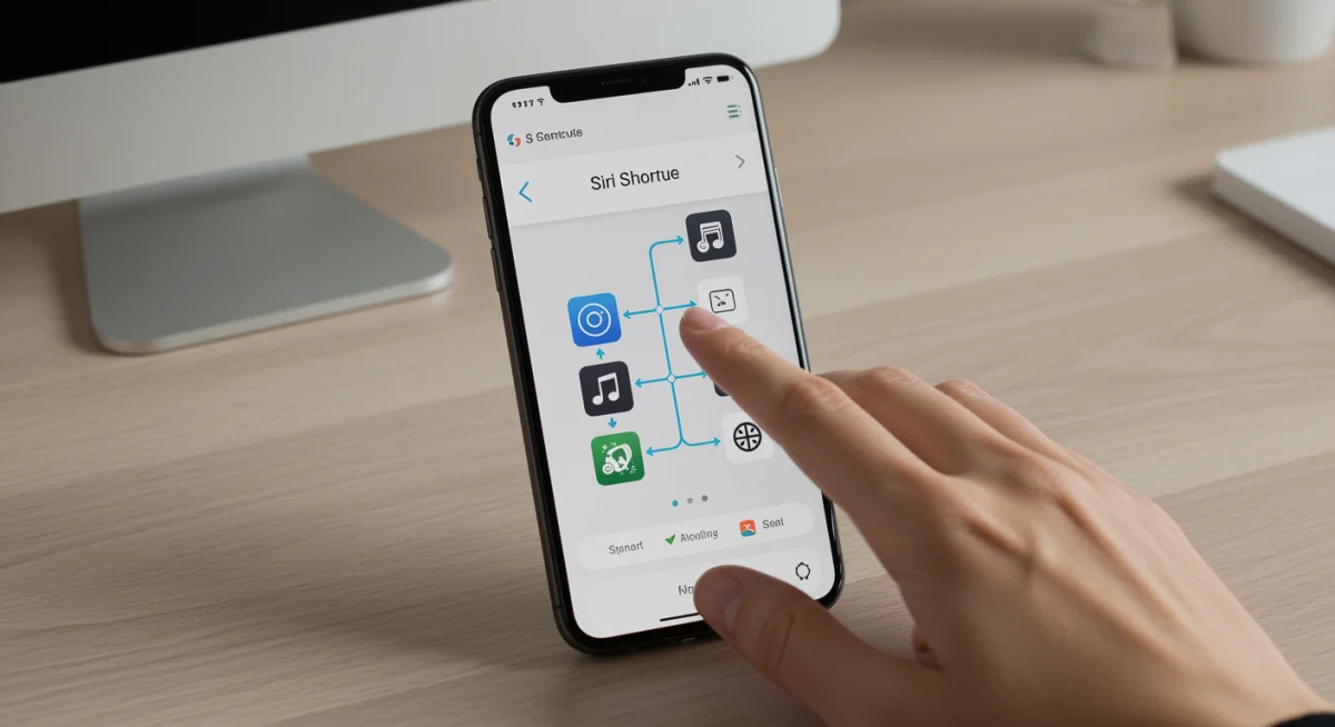 Mão de usuário interagindo com atalhos da Siri no iPhone, mostrando automações complexas e personalizadas.