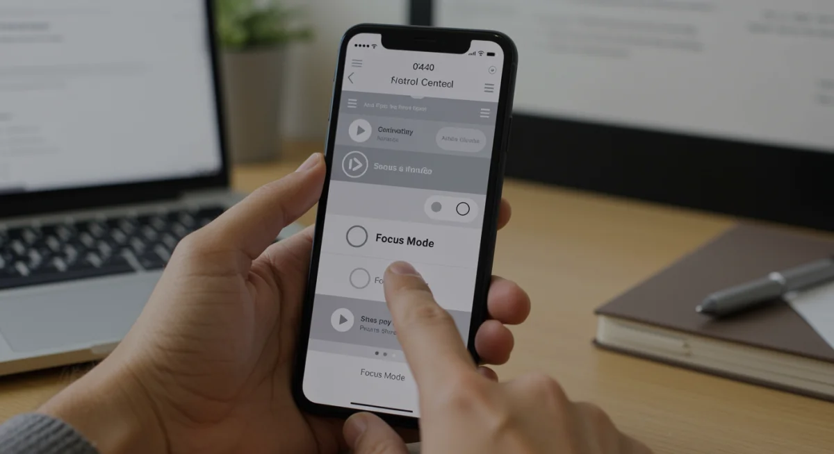 Ativando um Modo Foco específico através do Centro de Controle do iPhone no iOS 18, em um ambiente de trabalho organizado.