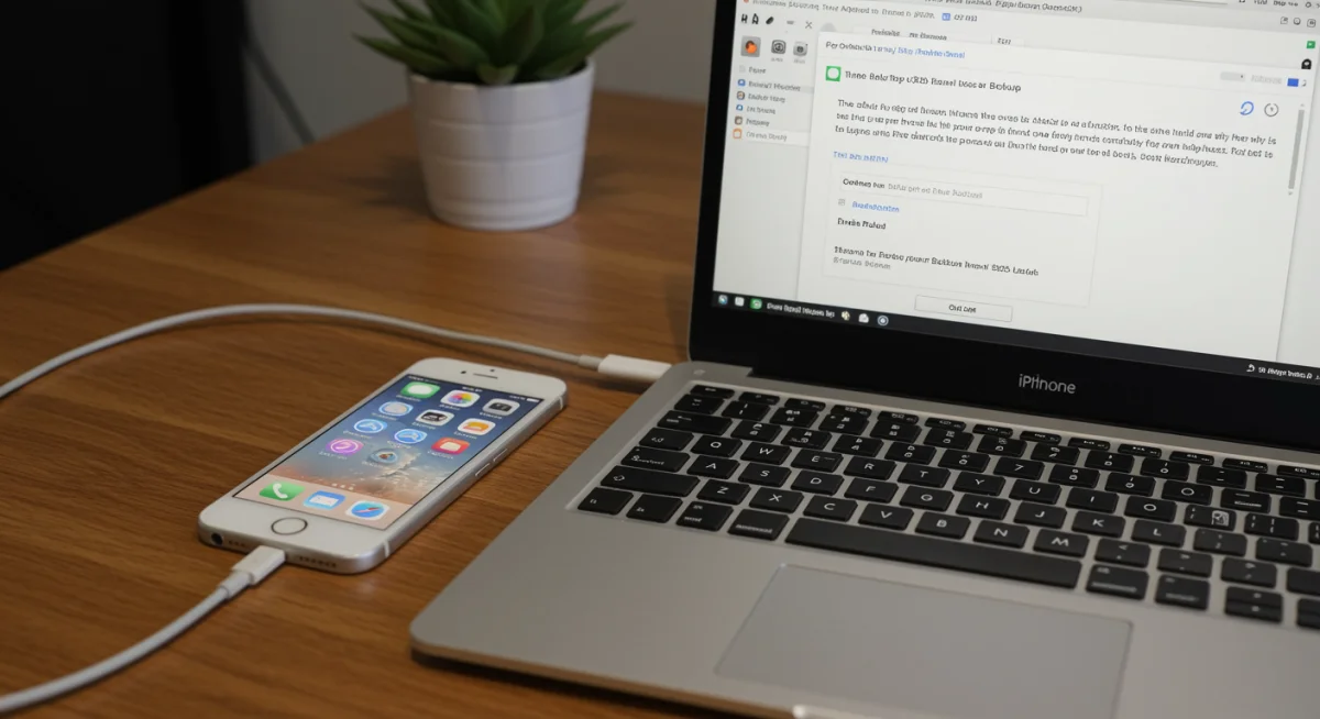 iPhone conectado a um laptop para backup via iTunes/Finder