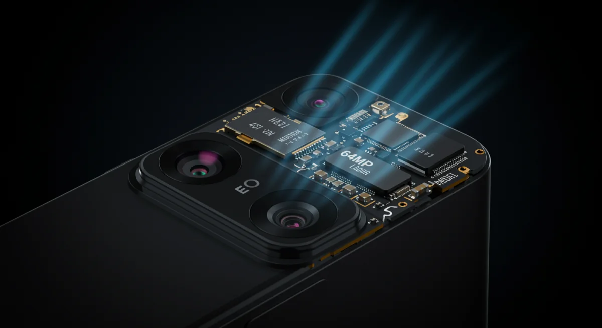 Detalhe da câmera de 64MP do iPhone 17 Pro com sensor LiDAR aprimorado, focando na tecnologia de detecção de profundidade.