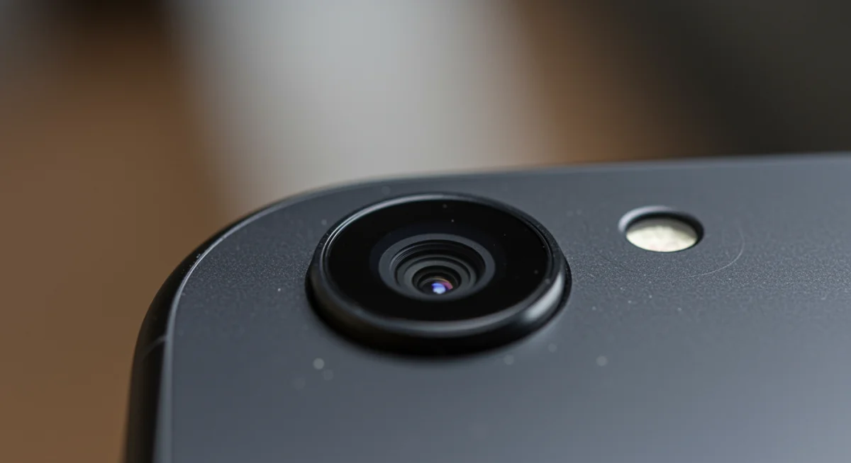 Detalhe da câmera do iPhone SE (4ª Geração), mostrando a evolução tecnológica e capacidade fotográfica.