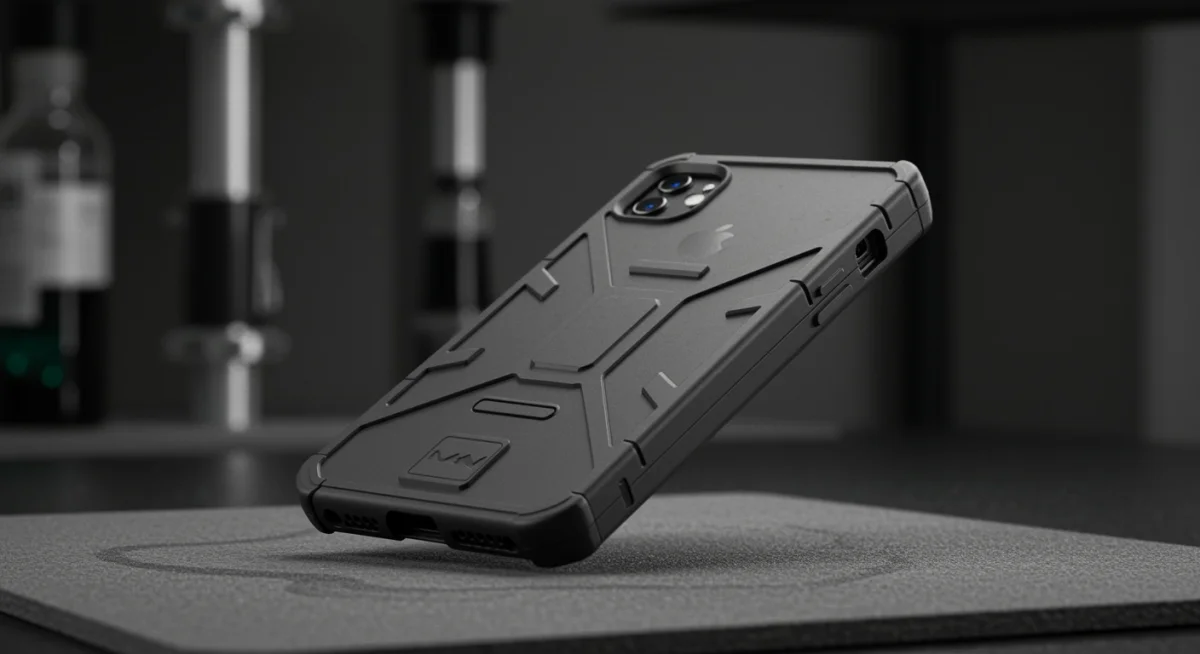 Capa robusta para iPhone sendo submetida a um teste de queda controlado, mostrando sua resistência e proteção contra impactos.