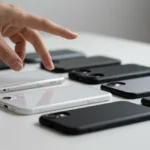 Variedade de capas para iPhone dispostas sobre uma superfície, destacando diferentes materiais e cores, com uma mão escolhendo uma delas.