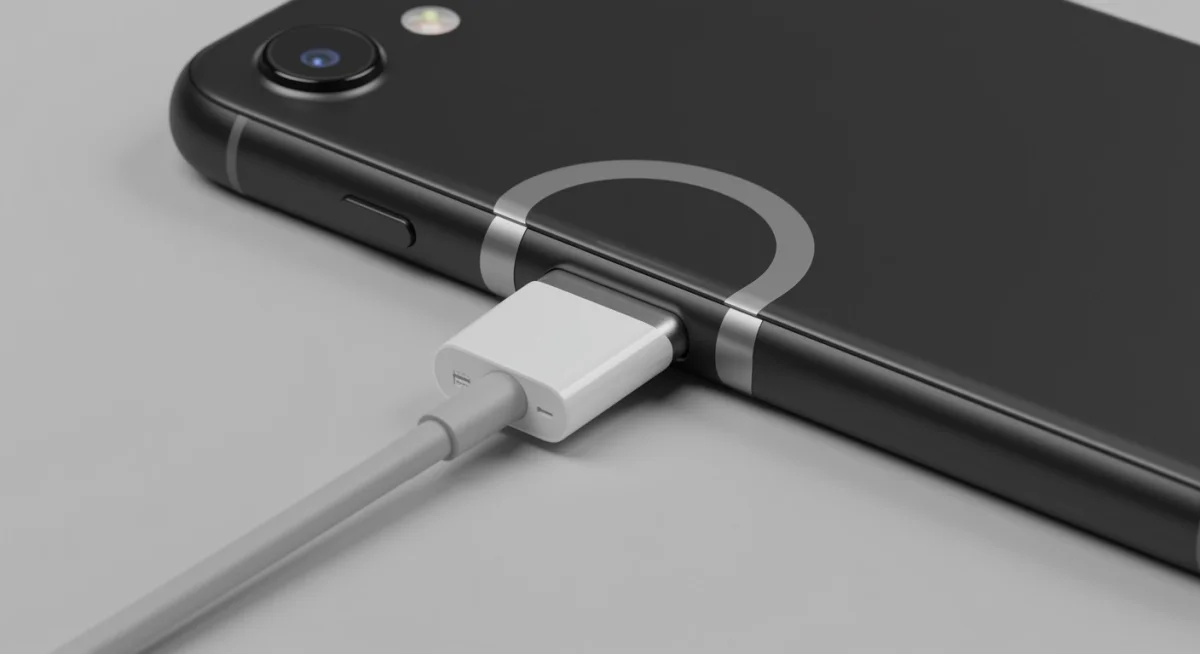 Carregador MagSafe conectado magneticamente à parte traseira de um iPhone, ilustrando a precisão do encaixe.