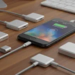 Modelos variados de carregadores MagSafe para iPhone dispostos artisticamente, com um iPhone no centro mostrando a interface de carregamento.