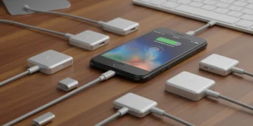 Modelos variados de carregadores MagSafe para iPhone dispostos artisticamente, com um iPhone no centro mostrando a interface de carregamento.