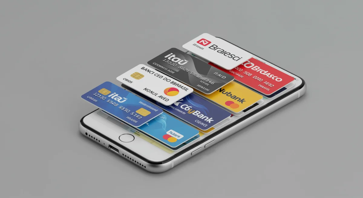 Diversos cartões de bancos brasileiros integrados à Carteira Apple, simbolizando a expansão das parcerias.