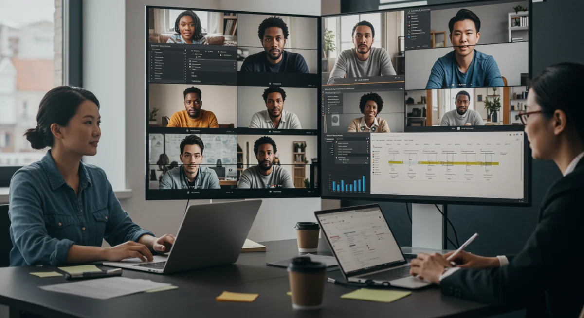 Equipe colaborando em projeto usando ferramentas de comunicação e compartilhamento de tela em reunião virtual.