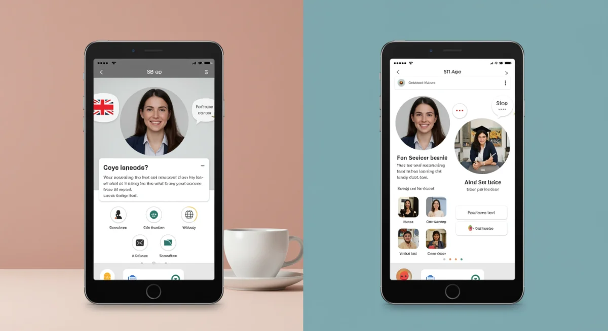 Interface de dois aplicativos distintos de aprendizado de idiomas em um tablet, comparando funcionalidades.