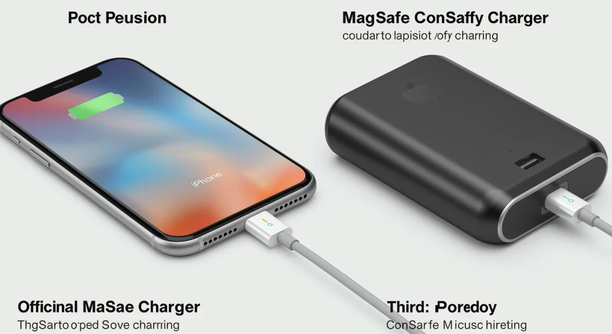 Comparativo visual entre um carregador MagSafe oficial da Apple e uma alternativa de terceiros, ambos carregando iPhones.