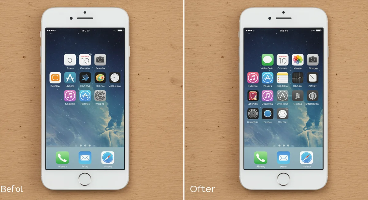Comparativo de tela inicial do iPhone: uma desorganizada e outra otimizada com widgets e pastas de aplicativos.