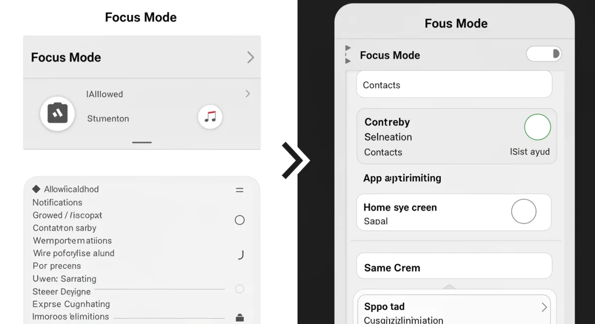 Configurações detalhadas de um Modo Foco personalizado no iOS 18, mostrando opções de notificações e personalização da tela inicial.
