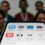 Configurações de acessibilidade no iPhone, com ícones de visão e audição, em primeiro plano, e pessoas diversas usando tecnologia assistiva ao fundo.