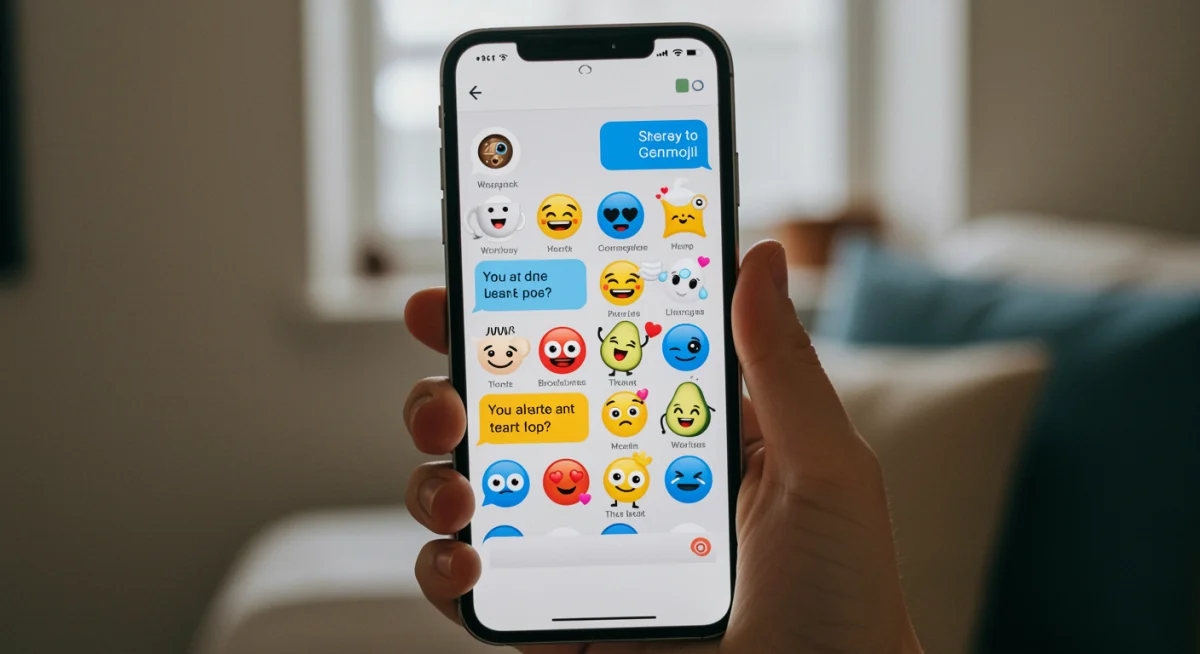 Conversa no iPhone com mensagens repletas de Genmojis personalizados, mostrando a diversidade e a criatividade dos emojis criados pelo usuário.