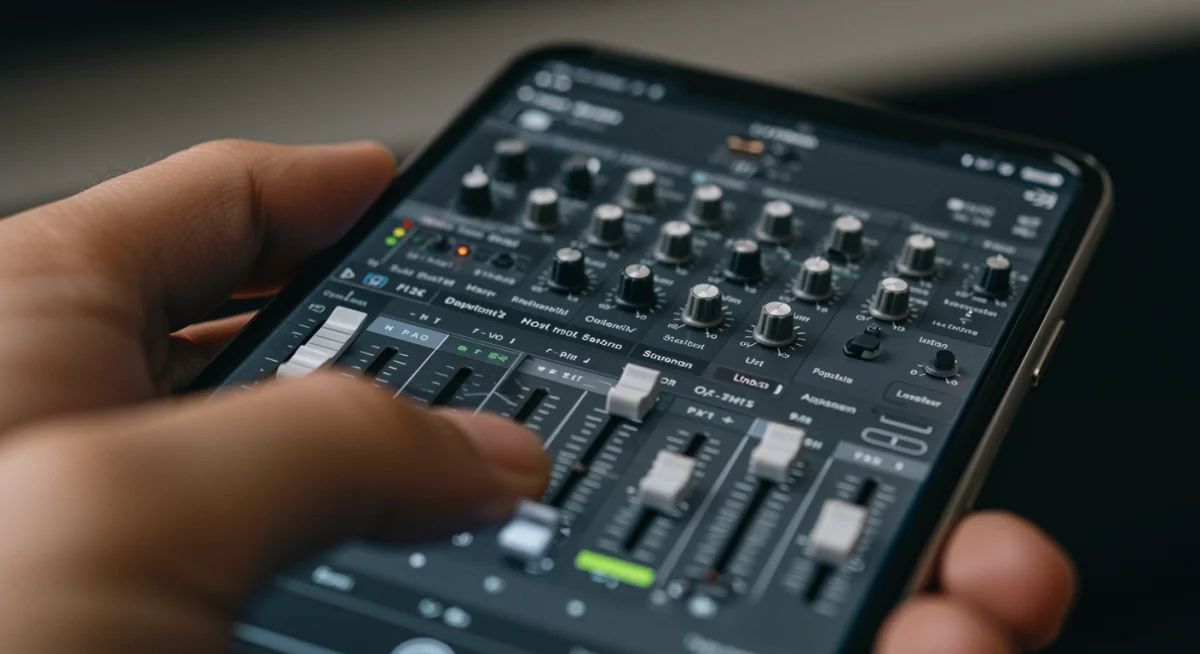 Interface de um aplicativo de DAW em um iPhone, com várias trilhas de áudio e controles de mixagem.