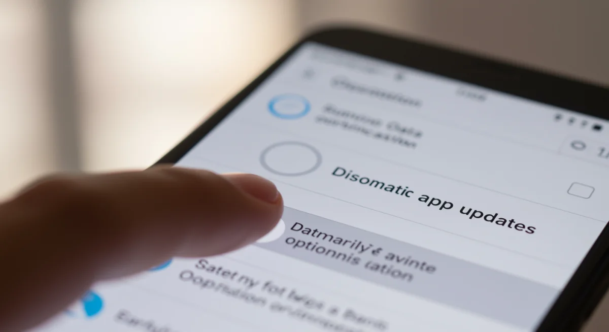 Tela de smartphone com configurações para desativar atualizações automáticas de aplicativos, mostrando o dedo tocando o botão de desligar.
