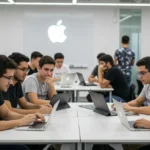 Jovens desenvolvedores brasileiros participando do programa de treinamento iOS da Apple, imersos em aprendizado e colaboração.