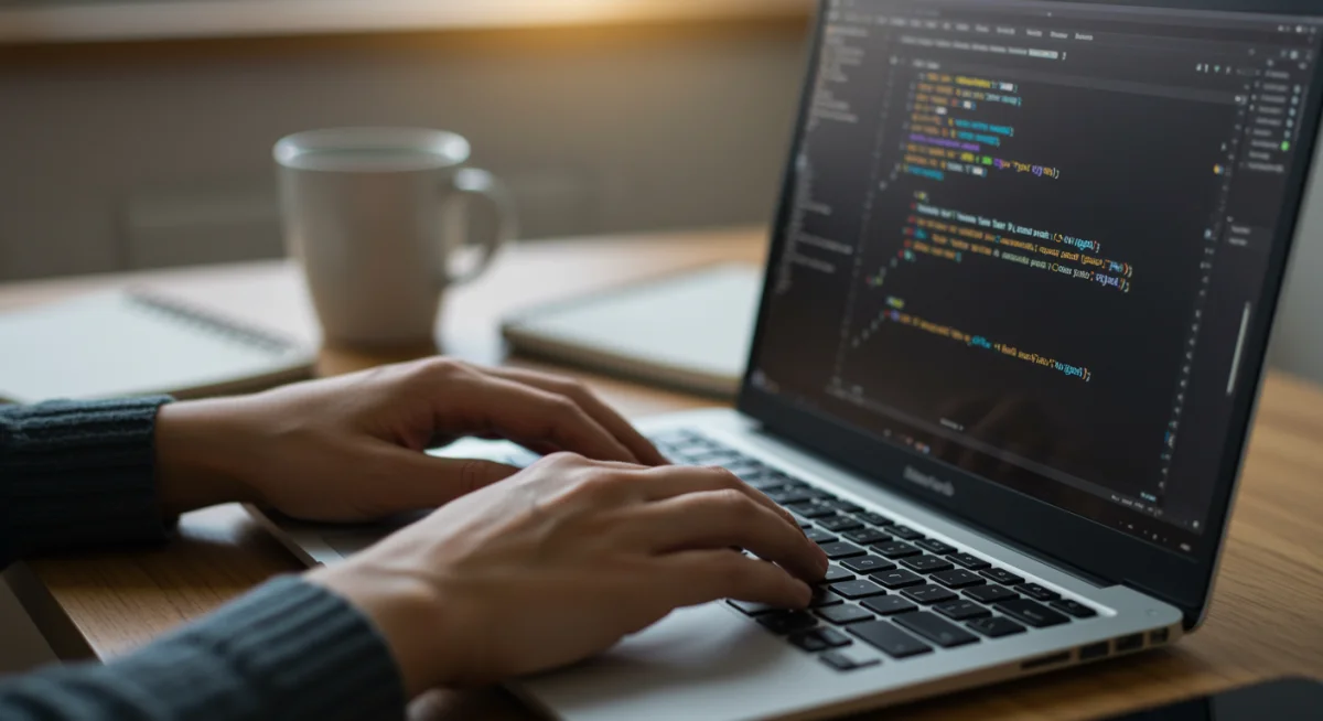 Mãos digitando código Swift em um MacBook, simbolizando o aprendizado prático e o desenvolvimento de aplicativos iOS.