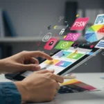 Designer gráfico criando peça visual em um iPad ou iPhone, utilizando aplicativos de design inovadores.