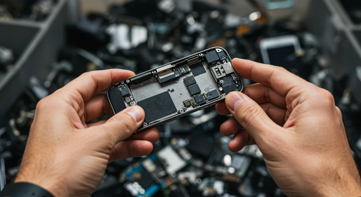 Mãos desmontando um iPhone para reciclagem, mostrando o processo de recuperação de materiais.