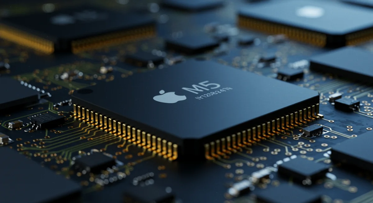 Detalhe do chip M5 da Apple, revelando sua arquitetura avançada e design inovador.